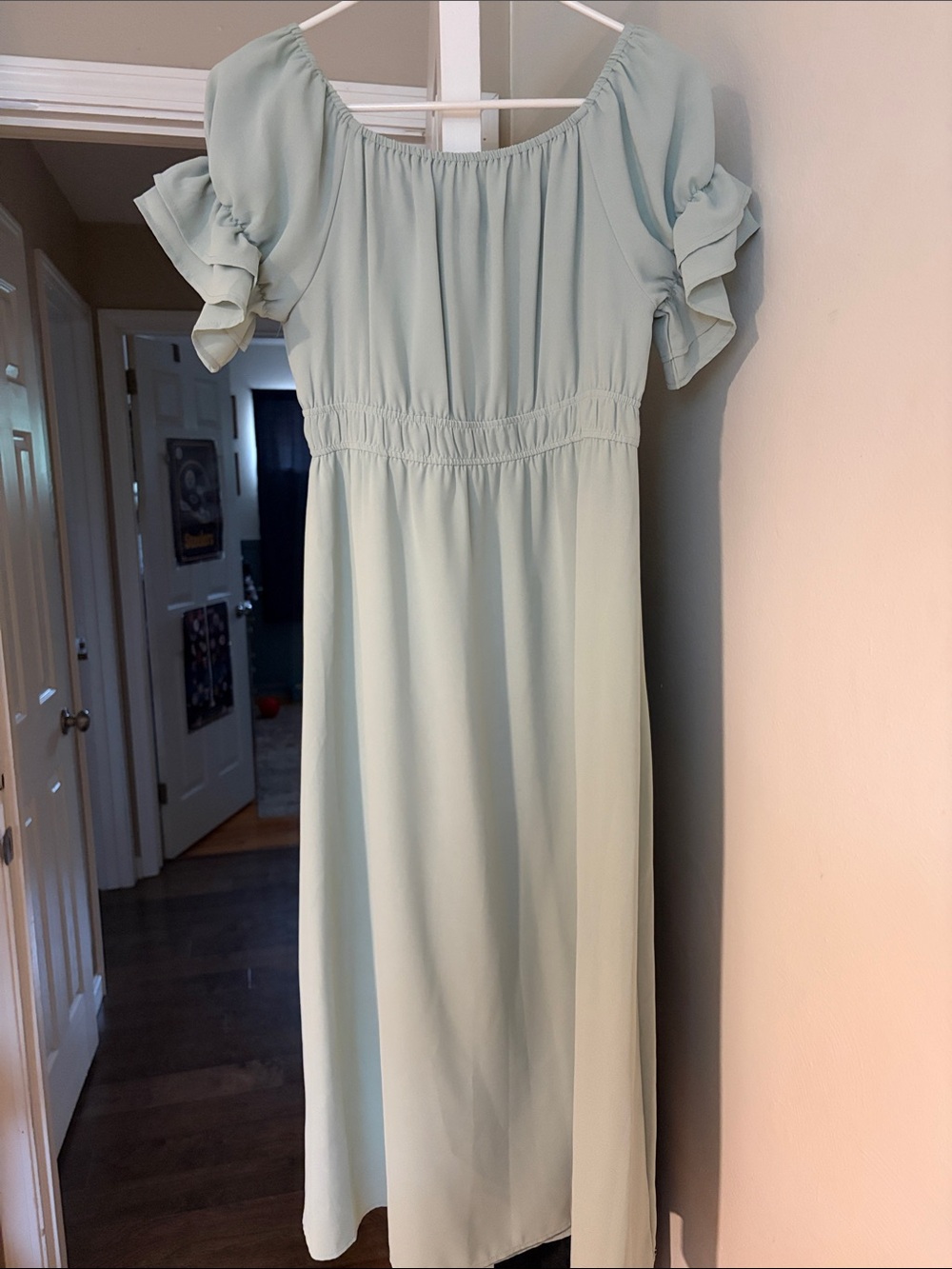 Pastel Mint Midi Dress with Ruffle Sleeves